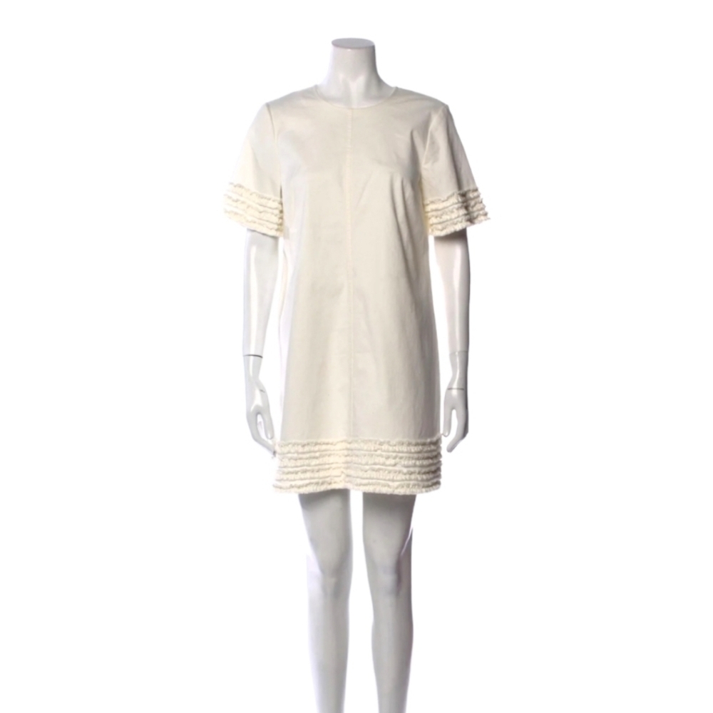 Cinq a Sept White Fringed Ruffle Sheath Dress
